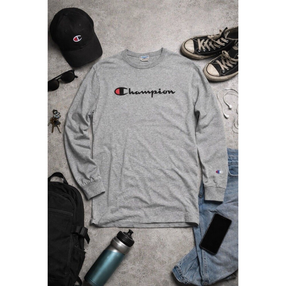 Vintage 90s Champion Script Logo Long Sleeve T Shirt Gray Mens M
